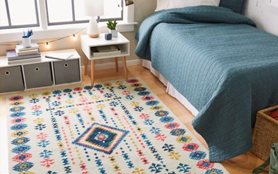 Brightly cleaned area rug in dorm room