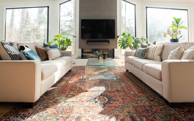 Delicate persian rug centerpiece of well lit contemporary living room